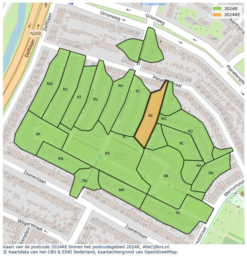 Afbeelding van het postcodegebied 2024 RE op de kaart.