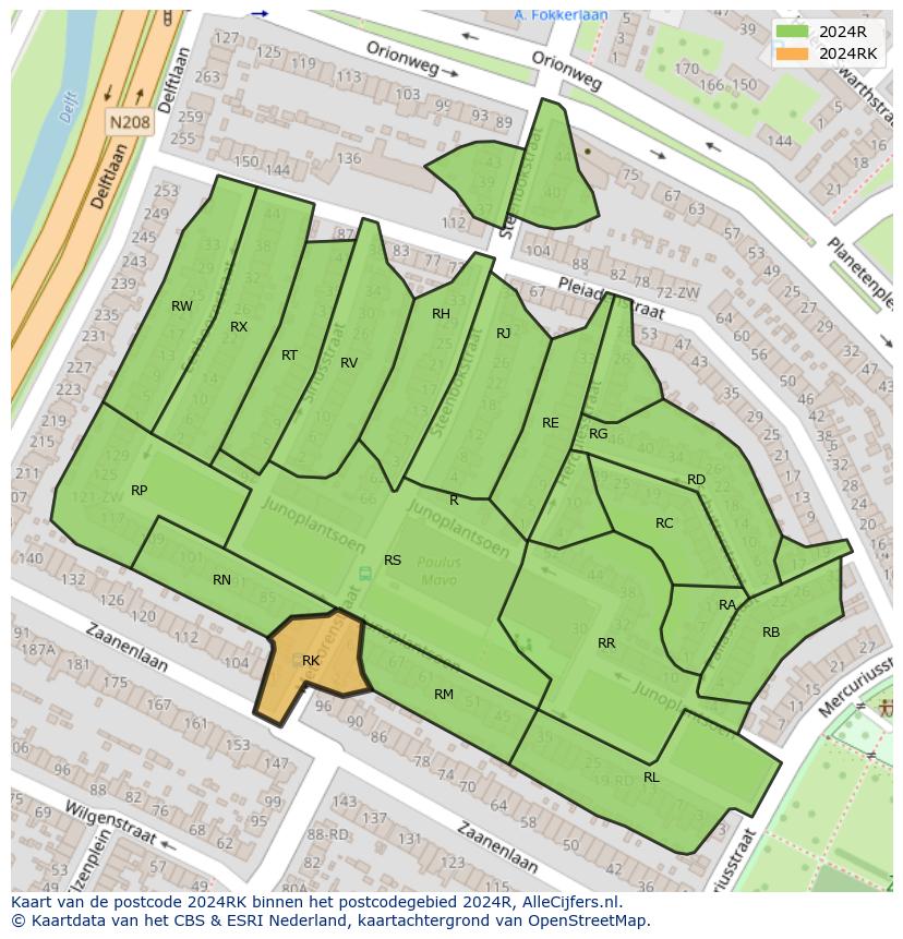 Afbeelding van het postcodegebied 2024 RK op de kaart.