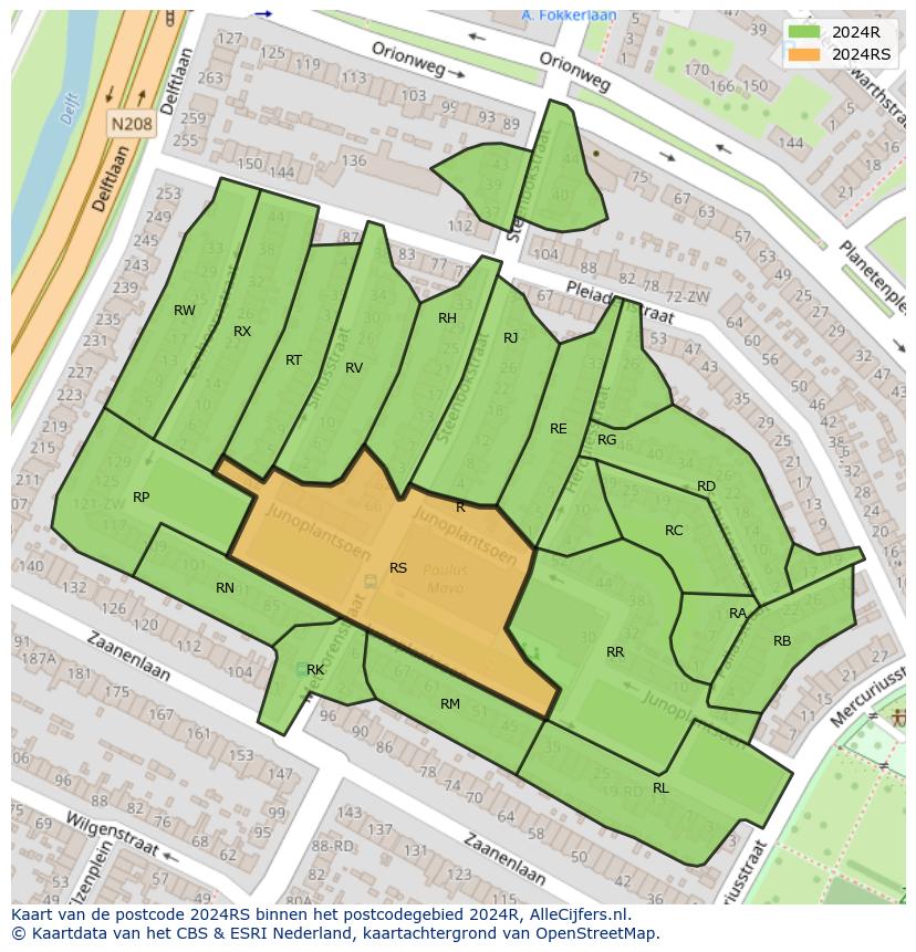 Afbeelding van het postcodegebied 2024 RS op de kaart.