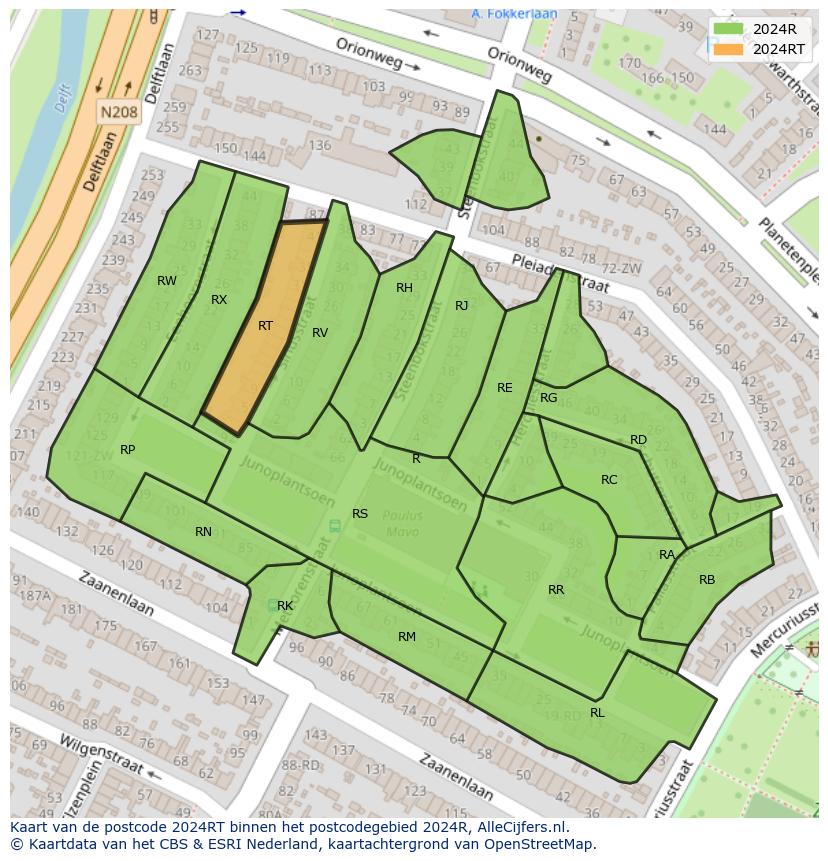 Afbeelding van het postcodegebied 2024 RT op de kaart.