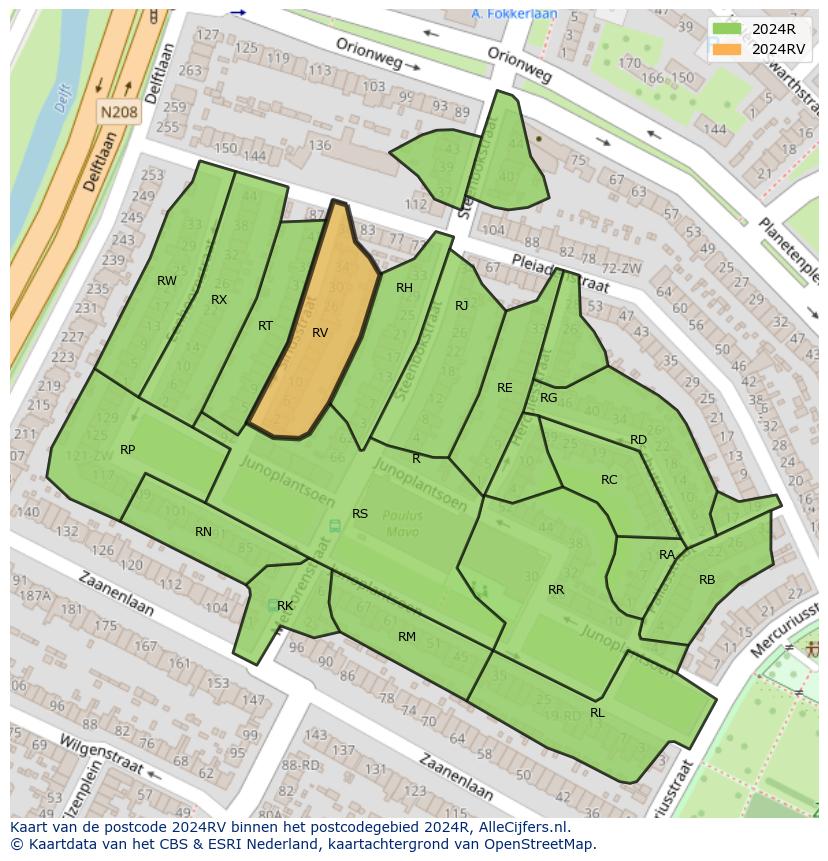 Afbeelding van het postcodegebied 2024 RV op de kaart.