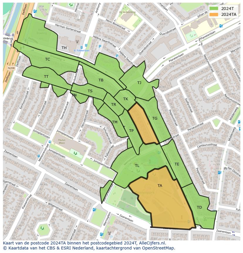 Afbeelding van het postcodegebied 2024 TA op de kaart.