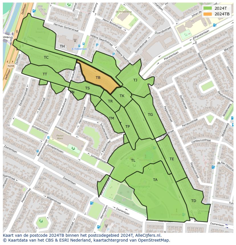 Afbeelding van het postcodegebied 2024 TB op de kaart.