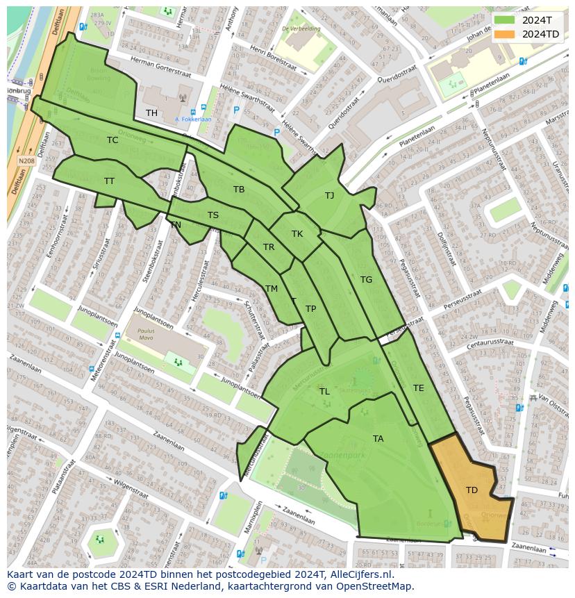 Afbeelding van het postcodegebied 2024 TD op de kaart.