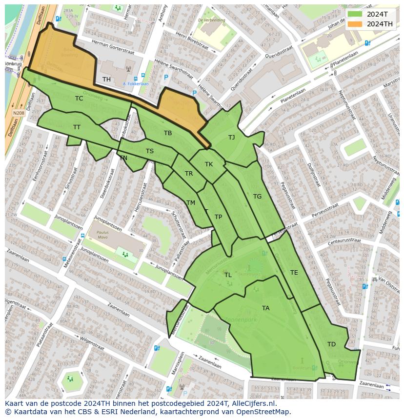 Afbeelding van het postcodegebied 2024 TH op de kaart.