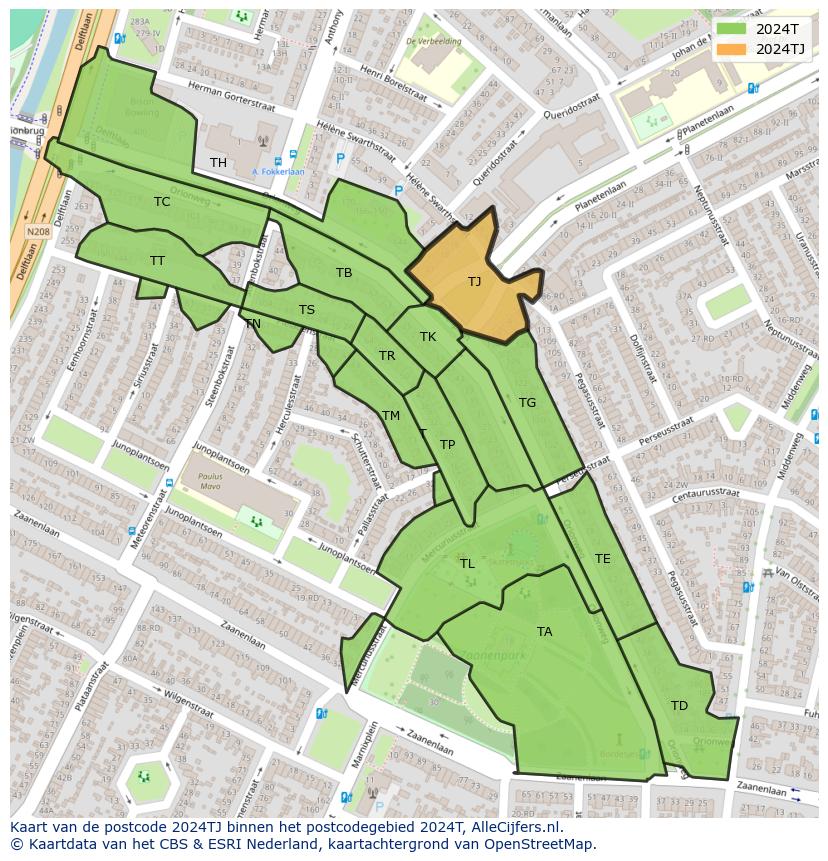 Afbeelding van het postcodegebied 2024 TJ op de kaart.