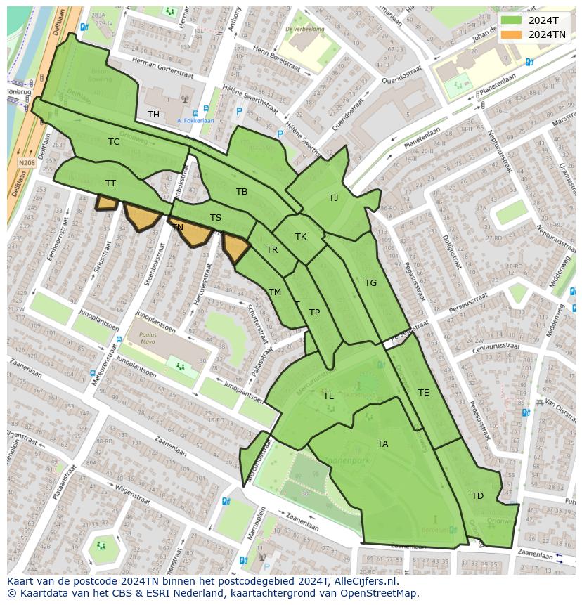Afbeelding van het postcodegebied 2024 TN op de kaart.