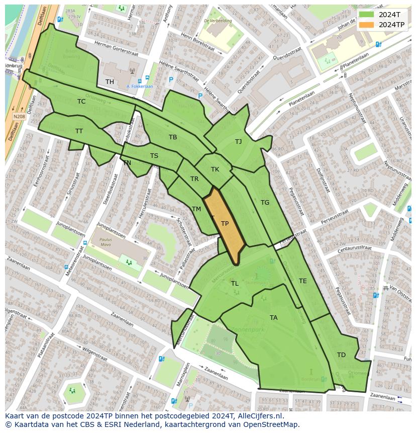 Afbeelding van het postcodegebied 2024 TP op de kaart.