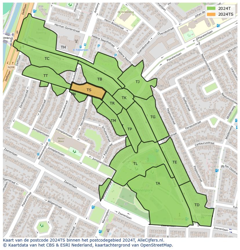 Afbeelding van het postcodegebied 2024 TS op de kaart.