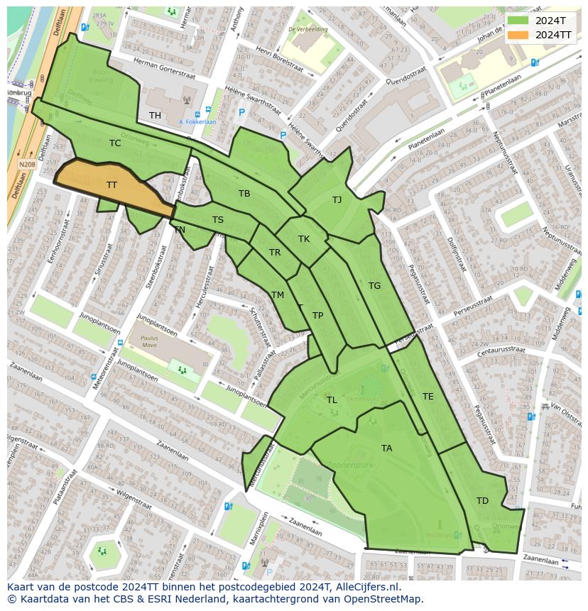 Afbeelding van het postcodegebied 2024 TT op de kaart.