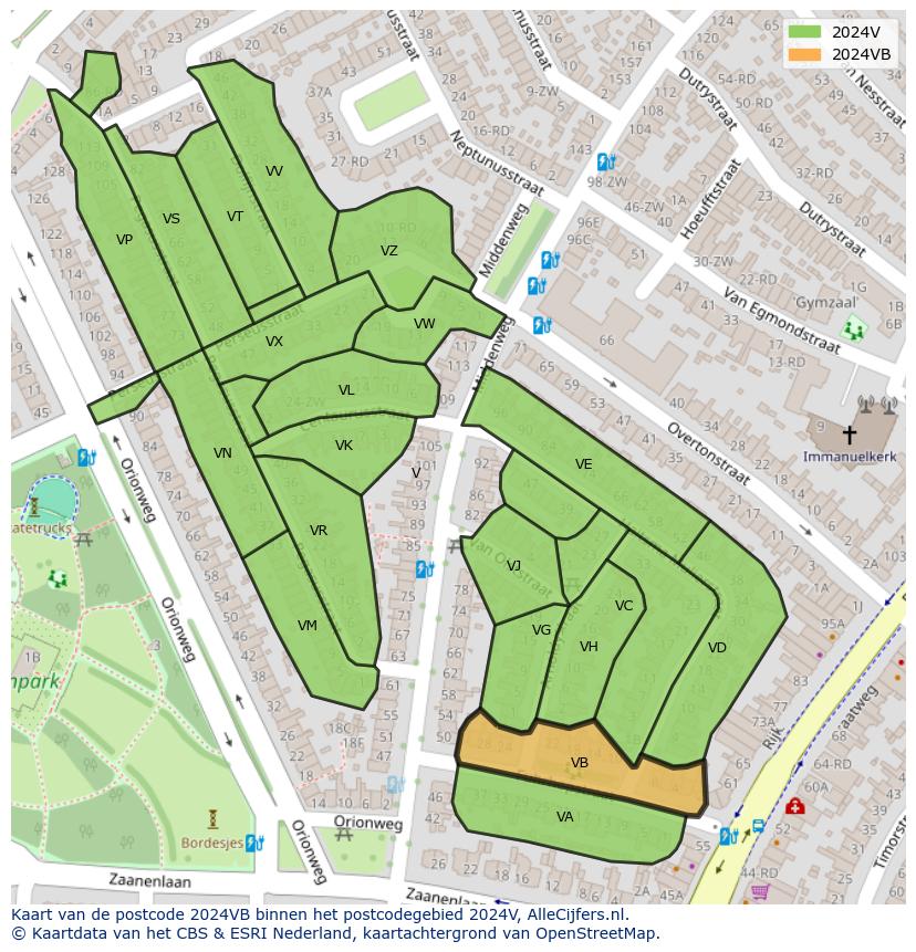 Afbeelding van het postcodegebied 2024 VB op de kaart.