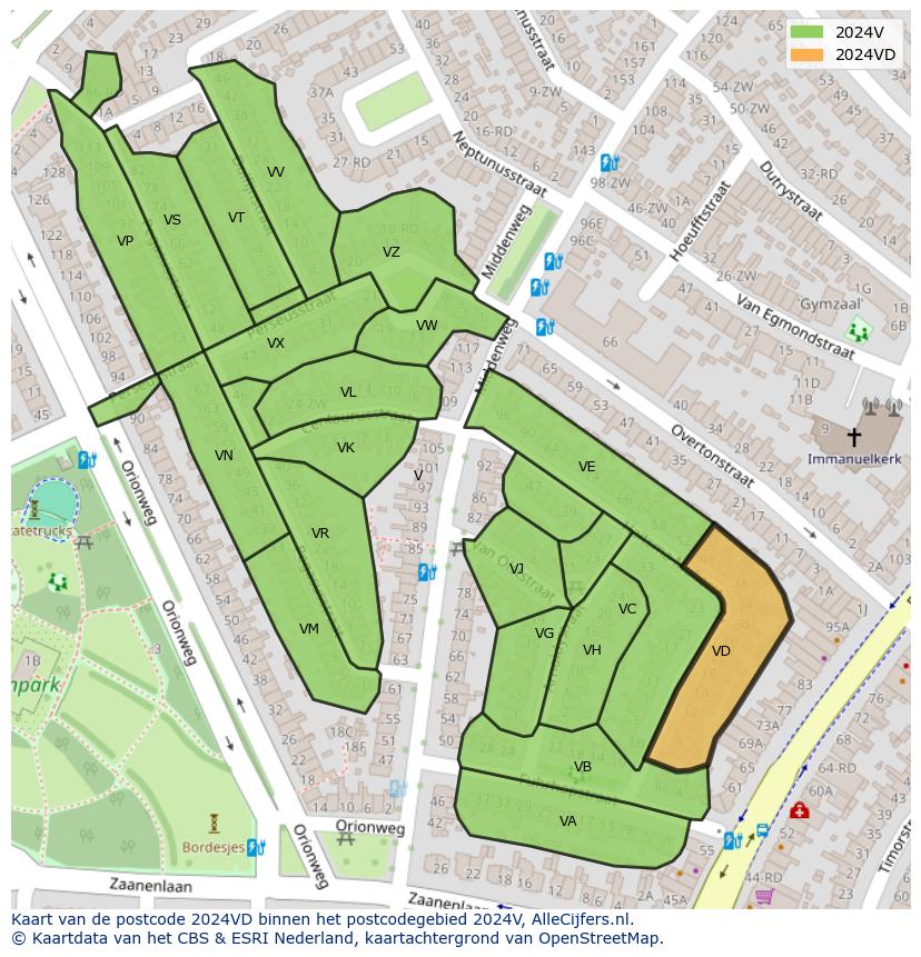 Afbeelding van het postcodegebied 2024 VD op de kaart.