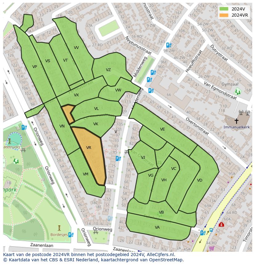 Afbeelding van het postcodegebied 2024 VR op de kaart.