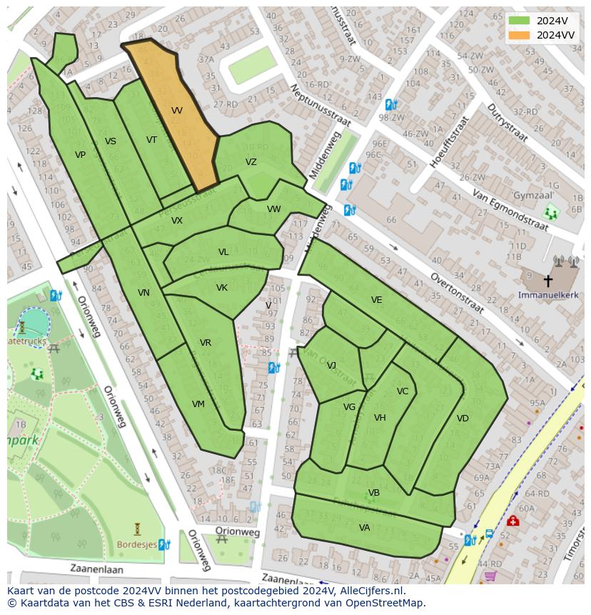 Afbeelding van het postcodegebied 2024 VV op de kaart.