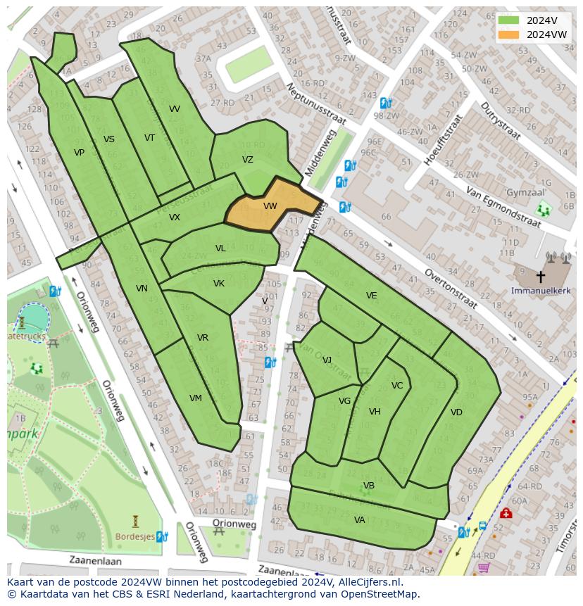 Afbeelding van het postcodegebied 2024 VW op de kaart.