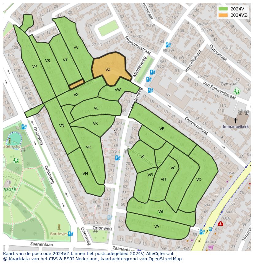 Afbeelding van het postcodegebied 2024 VZ op de kaart.