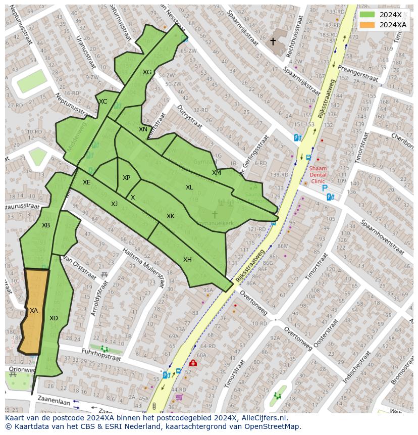 Afbeelding van het postcodegebied 2024 XA op de kaart.