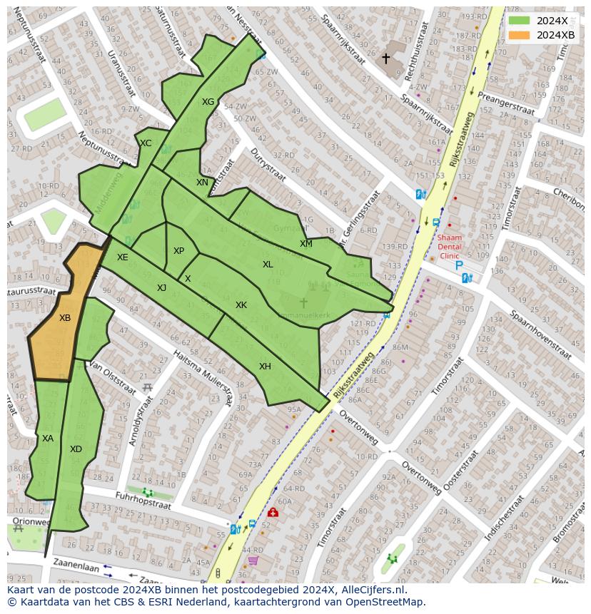 Afbeelding van het postcodegebied 2024 XB op de kaart.