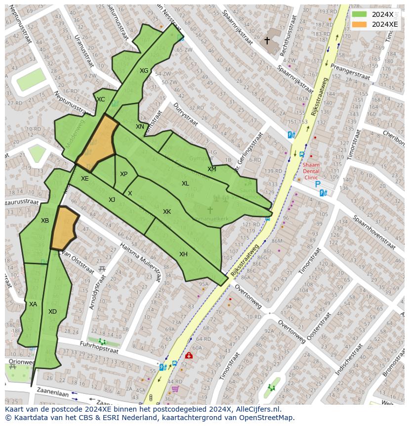 Afbeelding van het postcodegebied 2024 XE op de kaart.