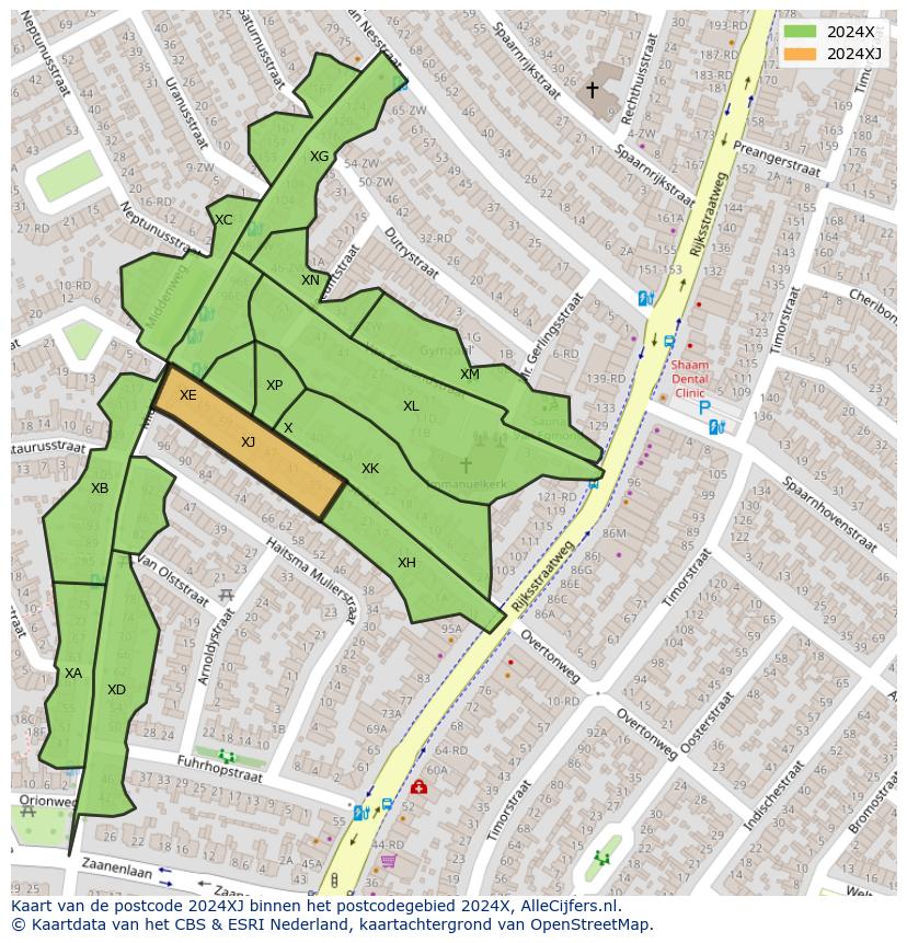 Afbeelding van het postcodegebied 2024 XJ op de kaart.
