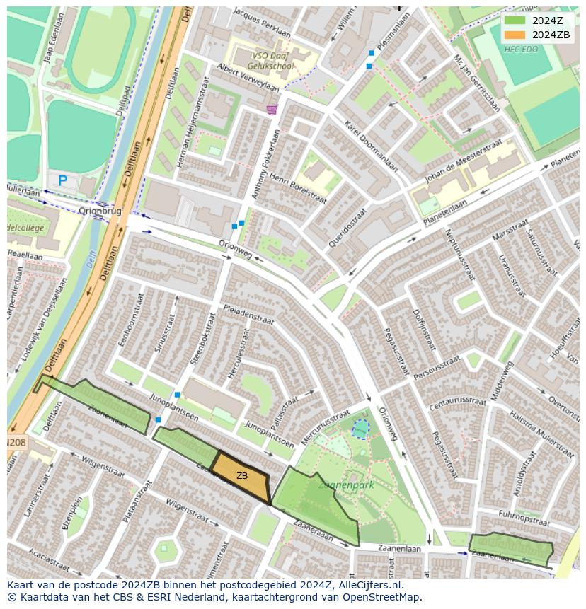 Afbeelding van het postcodegebied 2024 ZB op de kaart.