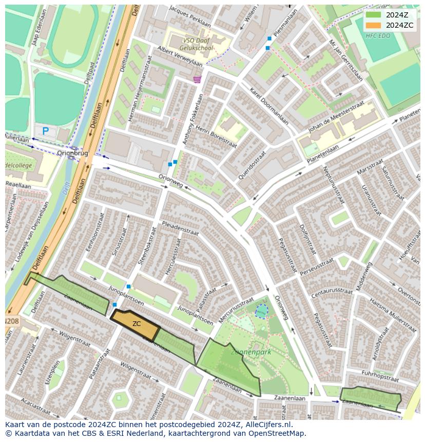 Afbeelding van het postcodegebied 2024 ZC op de kaart.