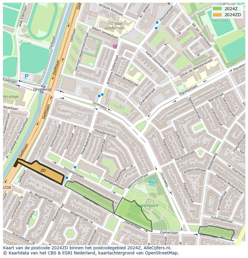 Afbeelding van het postcodegebied 2024 ZD op de kaart.