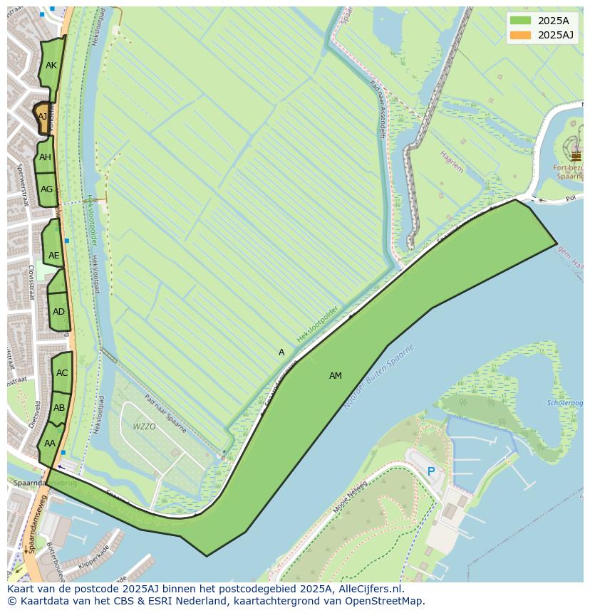 Afbeelding van het postcodegebied 2025 AJ op de kaart.
