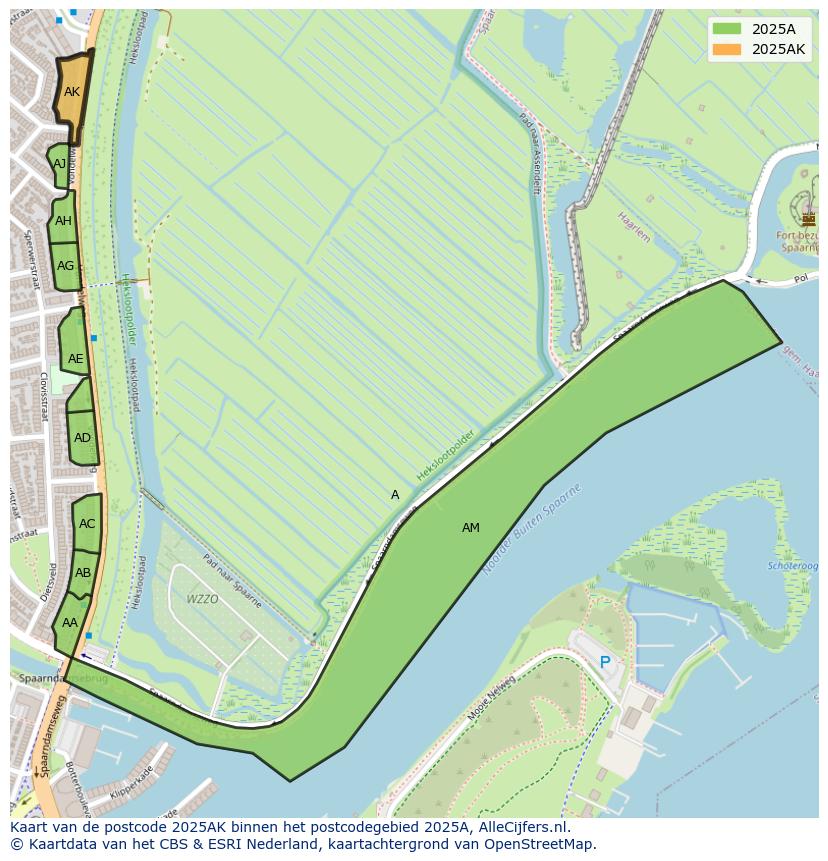 Afbeelding van het postcodegebied 2025 AK op de kaart.