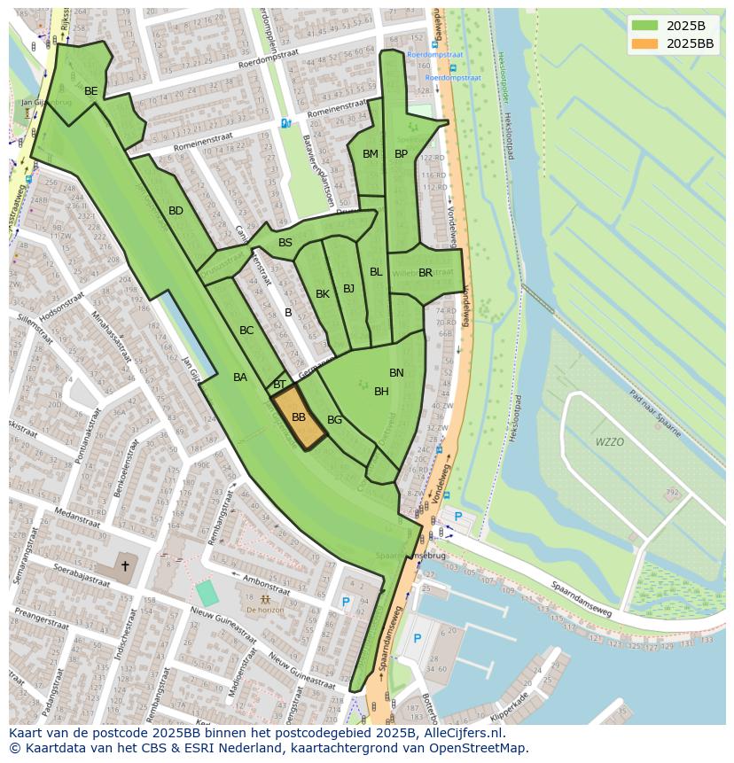 Afbeelding van het postcodegebied 2025 BB op de kaart.