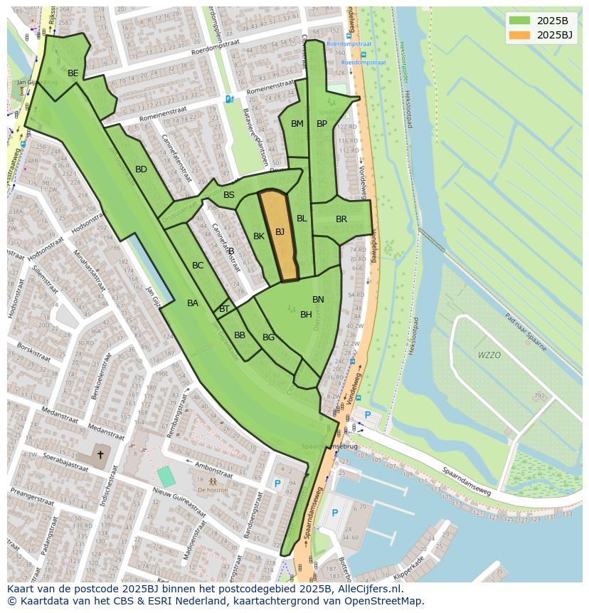 Afbeelding van het postcodegebied 2025 BJ op de kaart.
