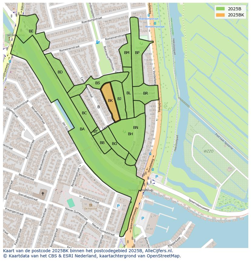 Afbeelding van het postcodegebied 2025 BK op de kaart.