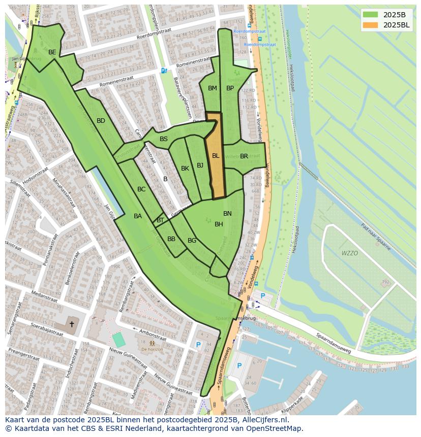 Afbeelding van het postcodegebied 2025 BL op de kaart.