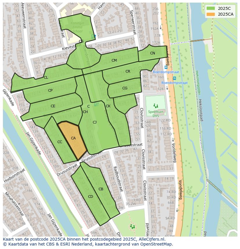 Afbeelding van het postcodegebied 2025 CA op de kaart.