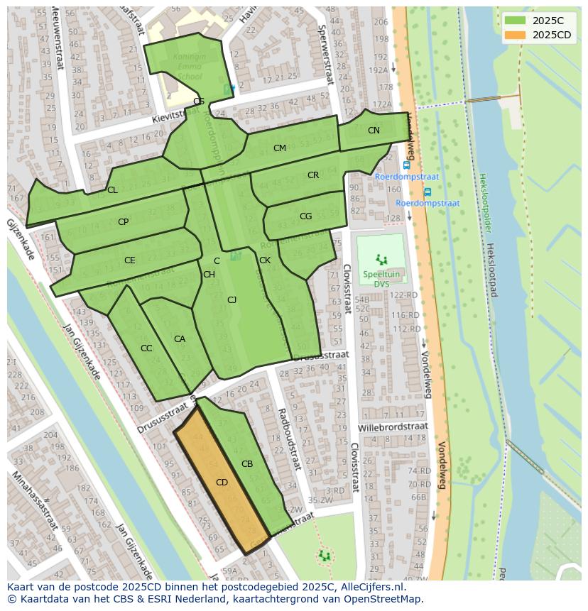 Afbeelding van het postcodegebied 2025 CD op de kaart.