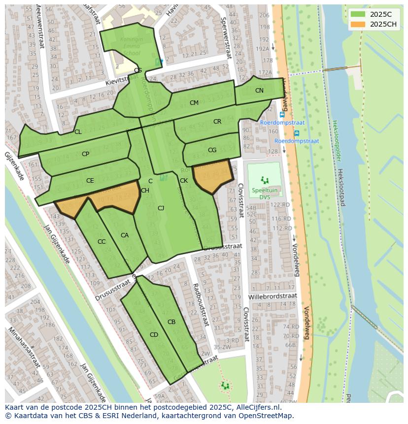 Afbeelding van het postcodegebied 2025 CH op de kaart.