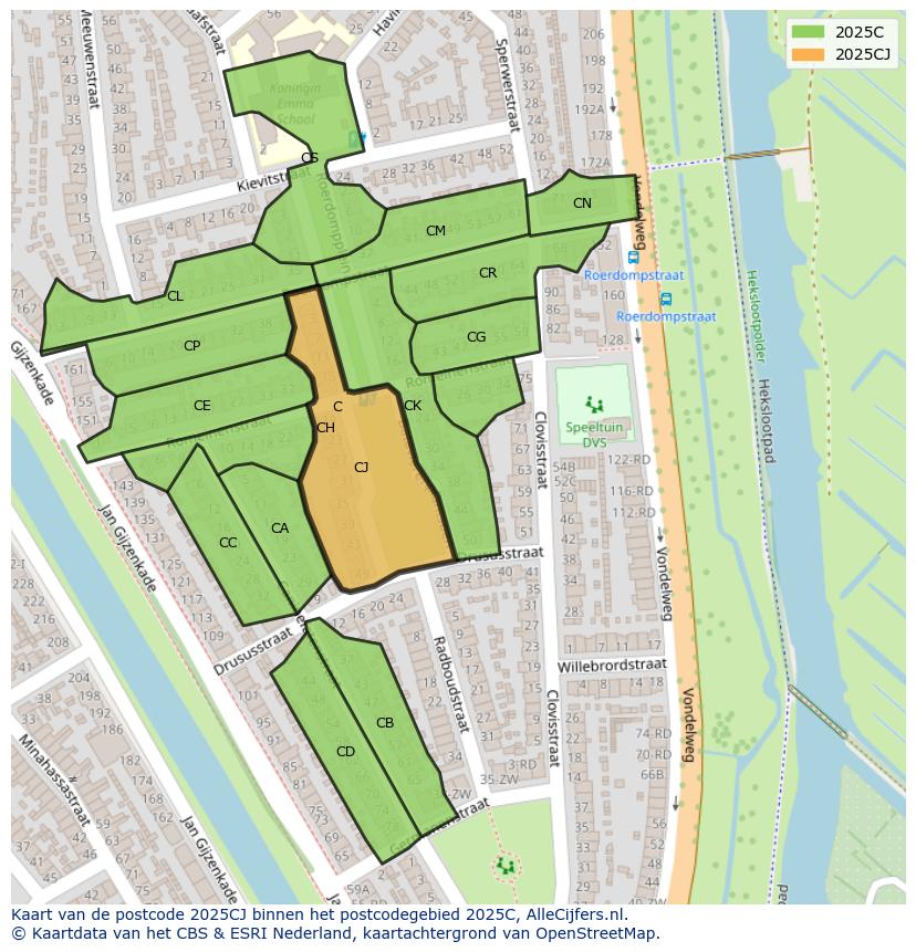 Afbeelding van het postcodegebied 2025 CJ op de kaart.
