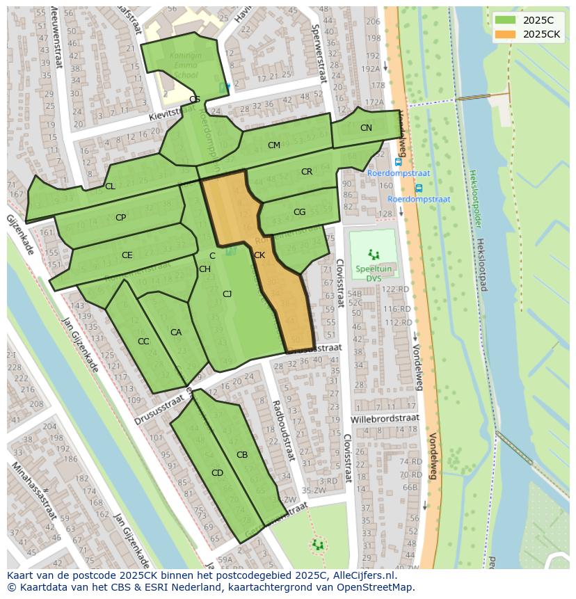 Afbeelding van het postcodegebied 2025 CK op de kaart.