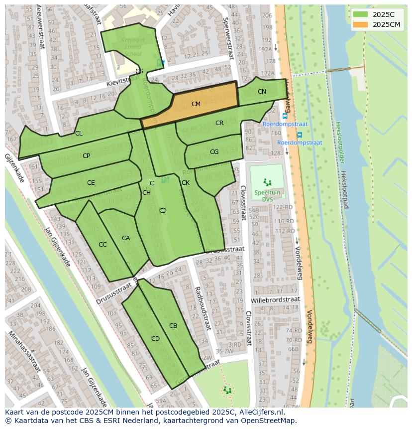 Afbeelding van het postcodegebied 2025 CM op de kaart.