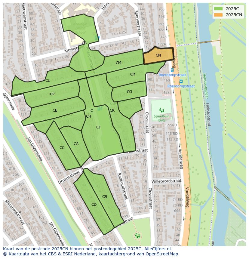 Afbeelding van het postcodegebied 2025 CN op de kaart.