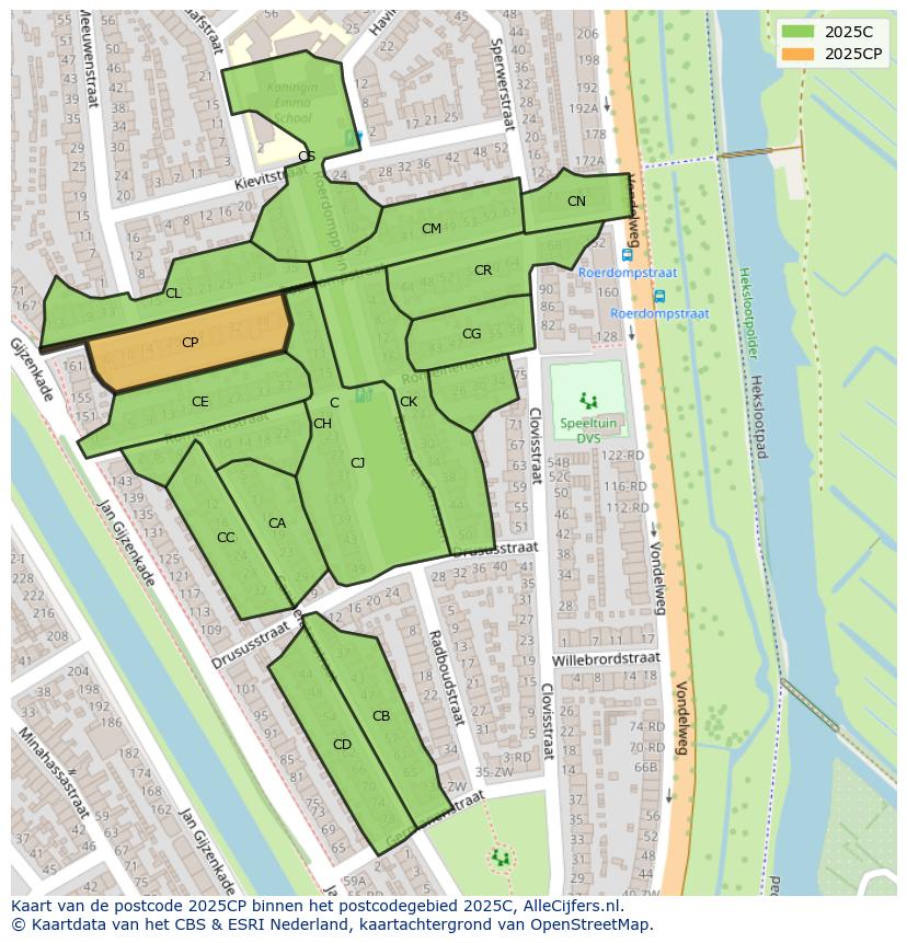 Afbeelding van het postcodegebied 2025 CP op de kaart.