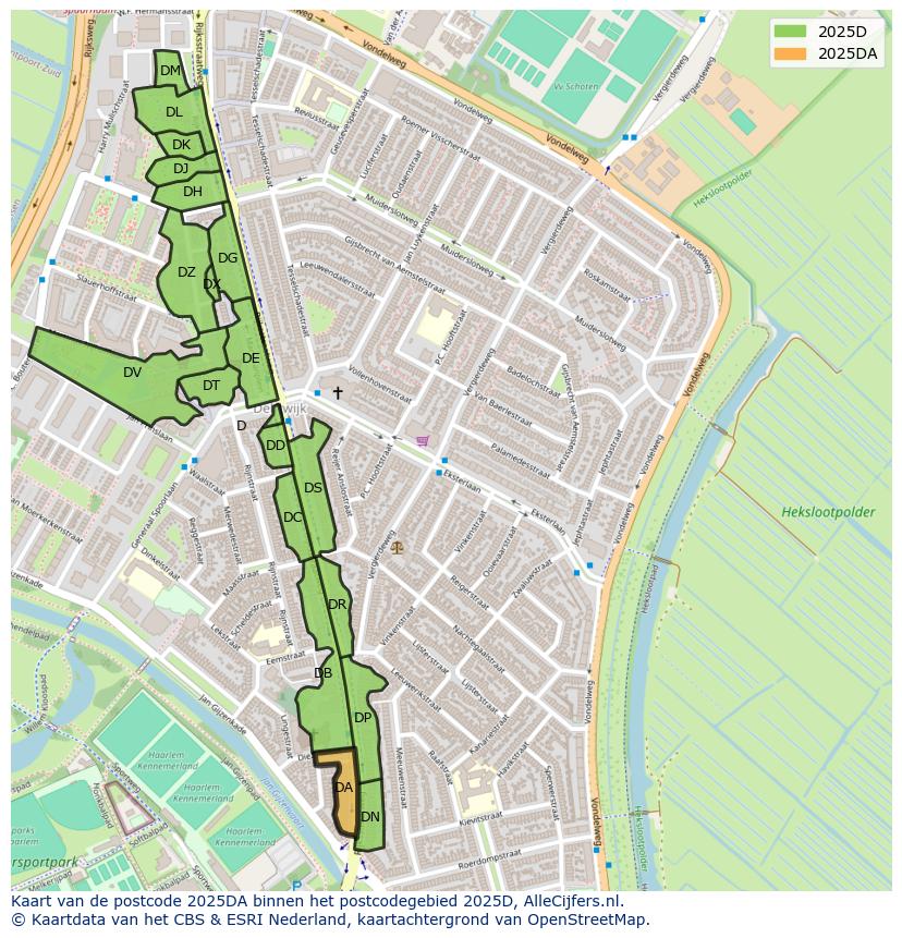 Afbeelding van het postcodegebied 2025 DA op de kaart.