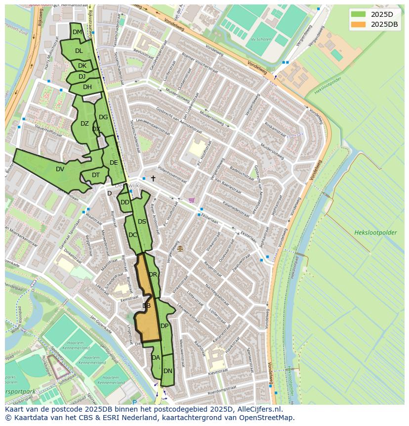 Afbeelding van het postcodegebied 2025 DB op de kaart.