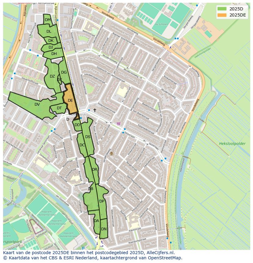 Afbeelding van het postcodegebied 2025 DE op de kaart.