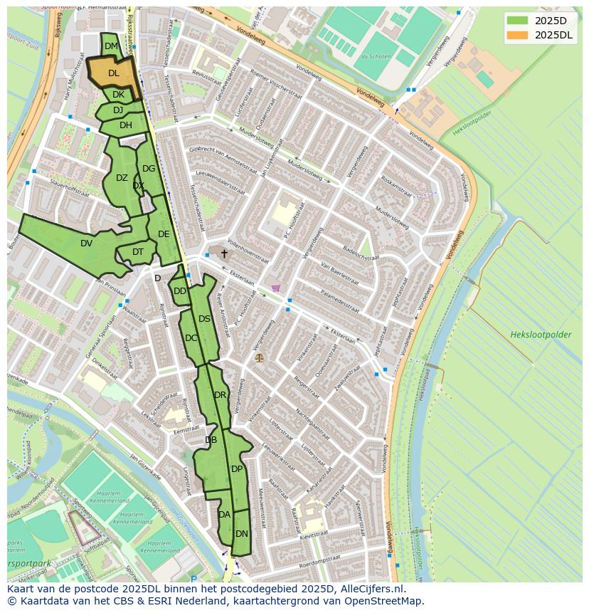 Afbeelding van het postcodegebied 2025 DL op de kaart.