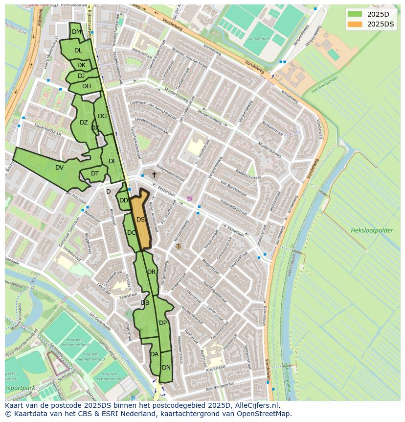 Afbeelding van het postcodegebied 2025 DS op de kaart.