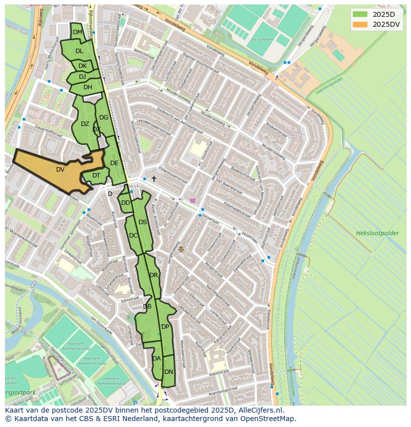 Afbeelding van het postcodegebied 2025 DV op de kaart.