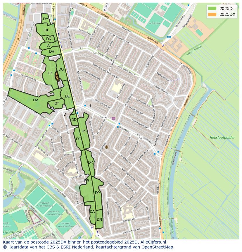 Afbeelding van het postcodegebied 2025 DX op de kaart.