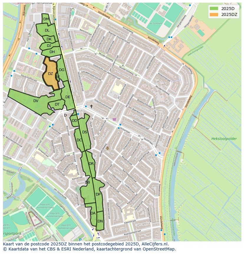 Afbeelding van het postcodegebied 2025 DZ op de kaart.