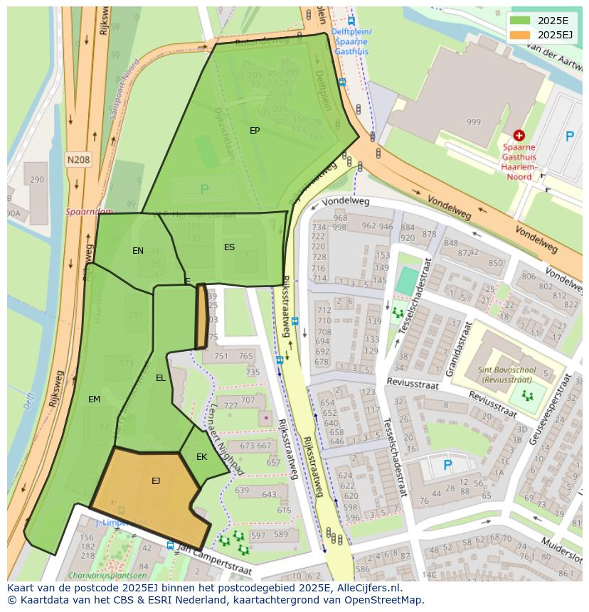 Afbeelding van het postcodegebied 2025 EJ op de kaart.